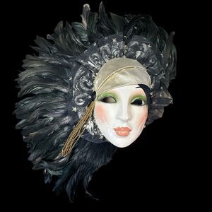 Decorative Ceramic Mask with Gold Hat Black Feathers by CLAY ART